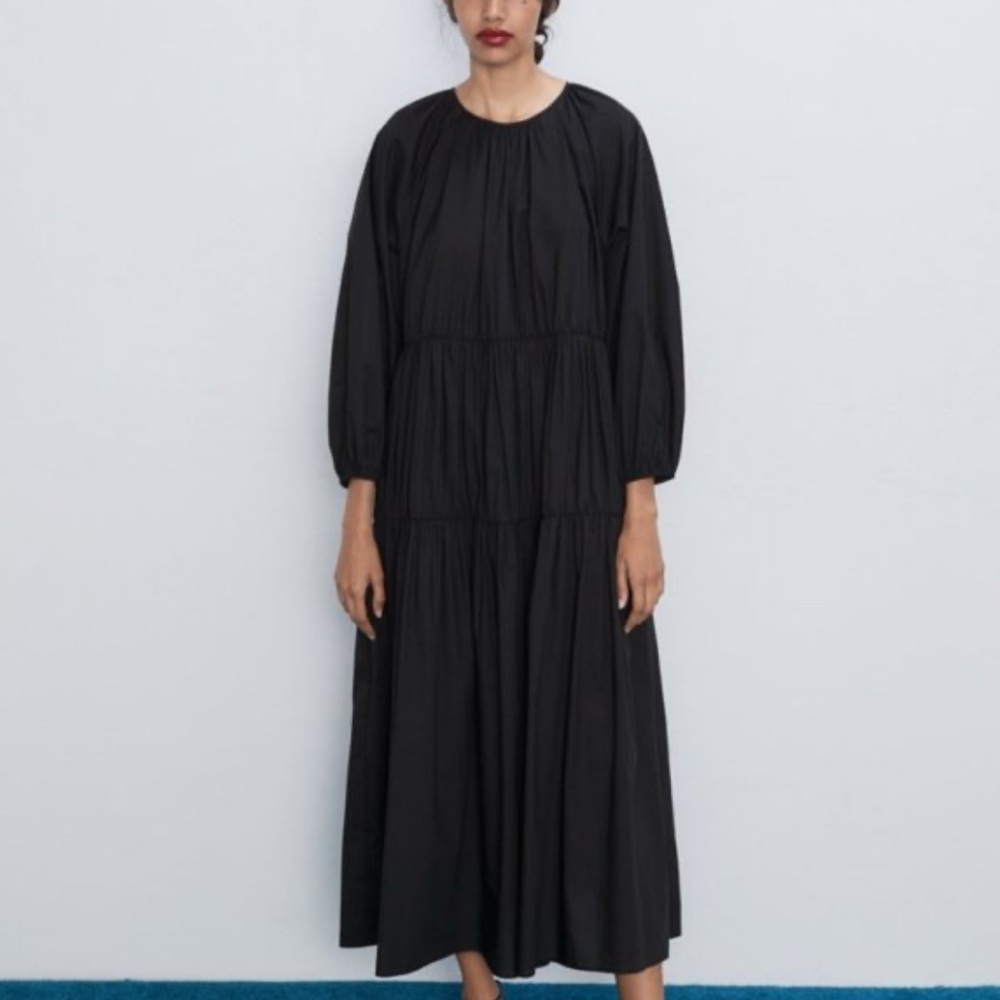 Zara Black maxi flowy ruffle Long Sleeve boho witchy Dress - Picture 2 of 6